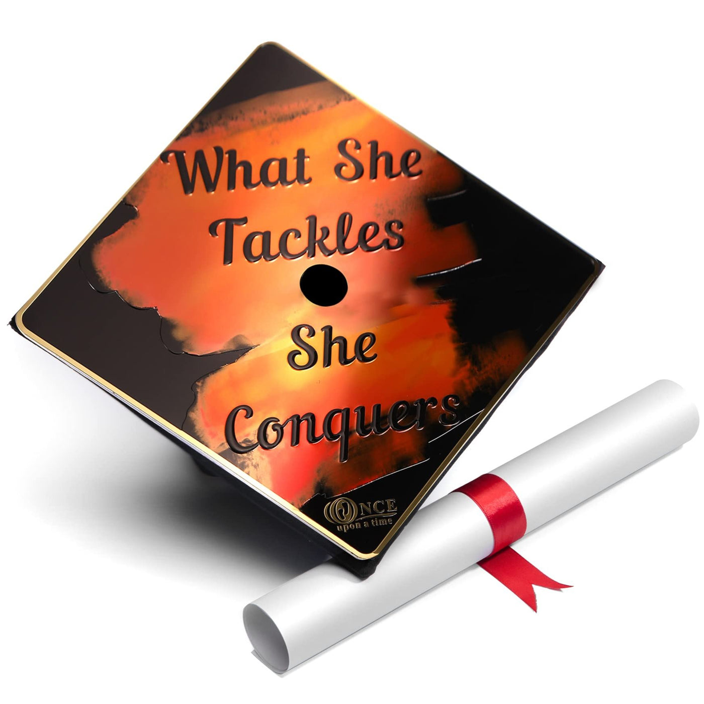 Aluminum Graduation Cap Topper, What She Tackles She Conquers, Graduation Cap Decorations
