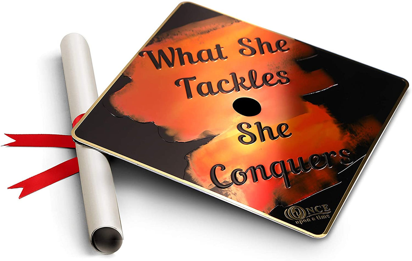 Aluminum Graduation Cap Topper, What She Tackles She Conquers, Graduation Cap Decorations