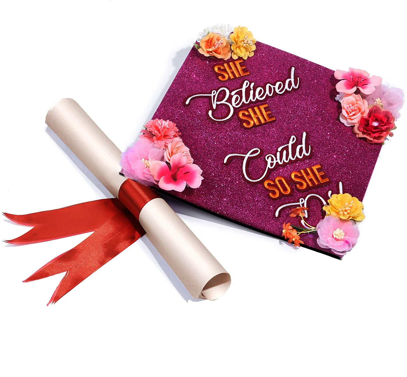 Handmade Graduation Cap Topper, She Believe She Could So She Did, Graduation Cap Decorations