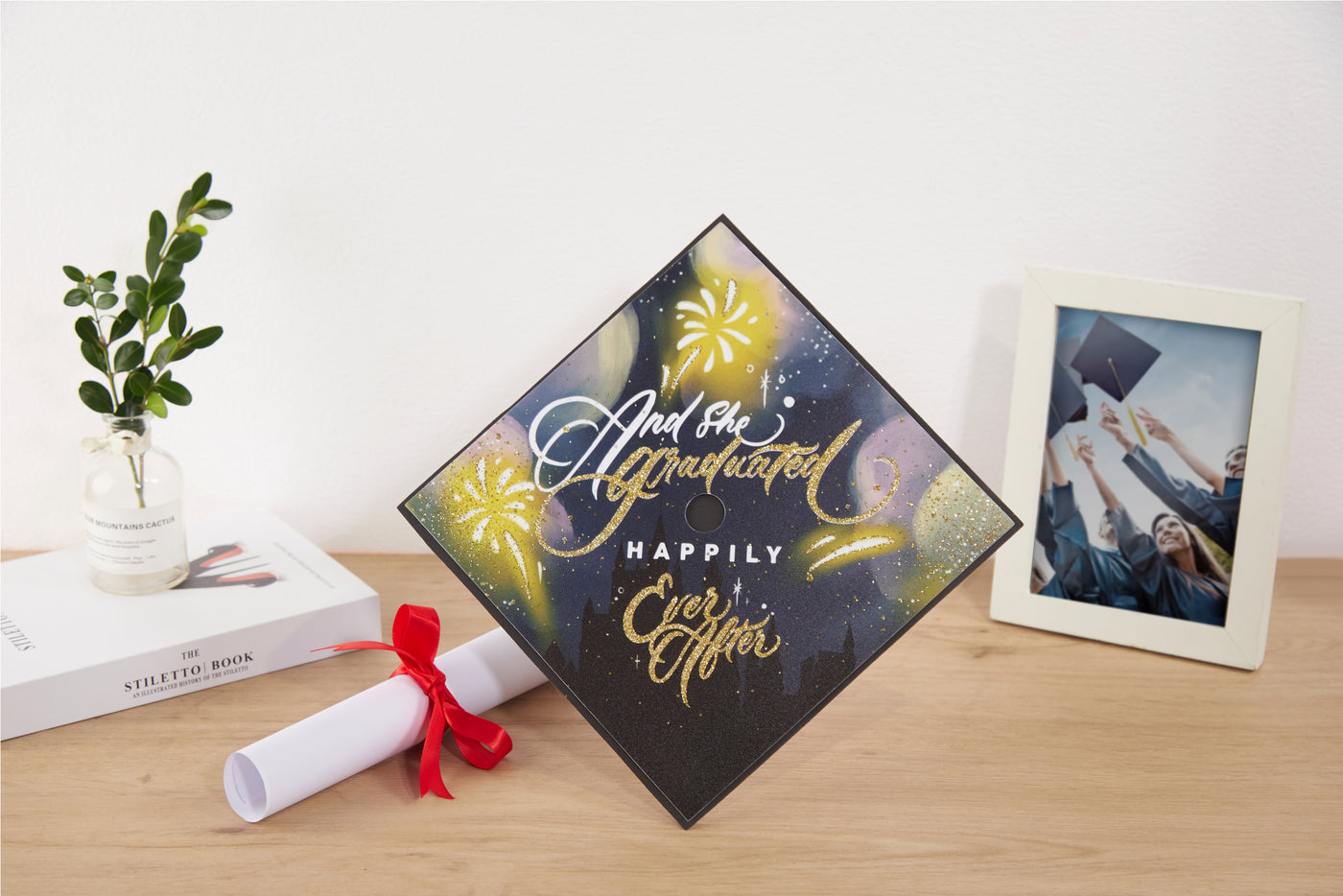 Graduation cap topper art print, And she graduated happily ever after