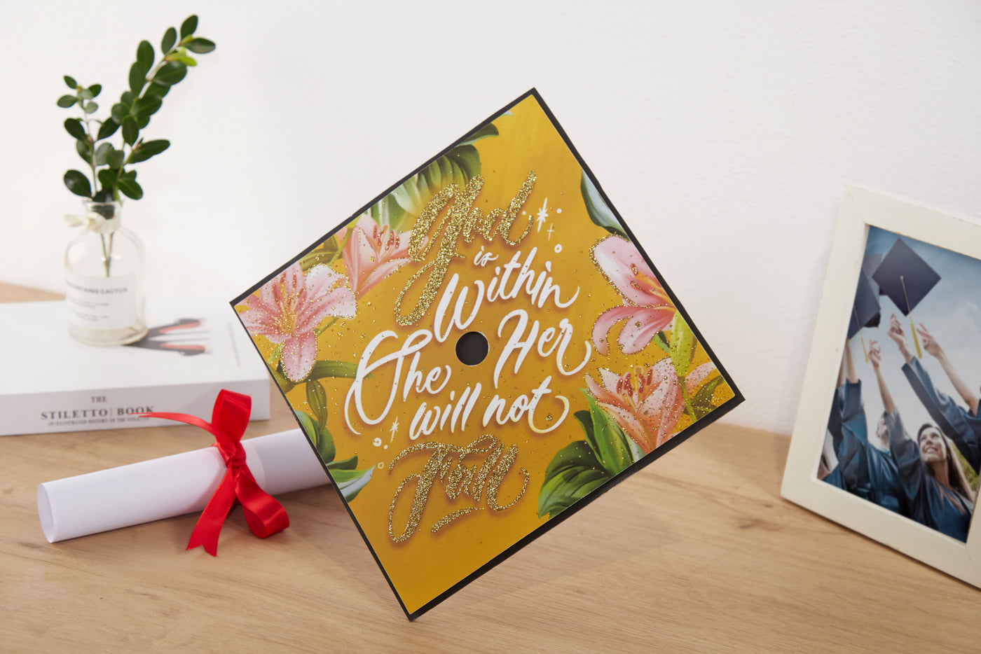 Graduation cap topper art print, God is within her she will not fall