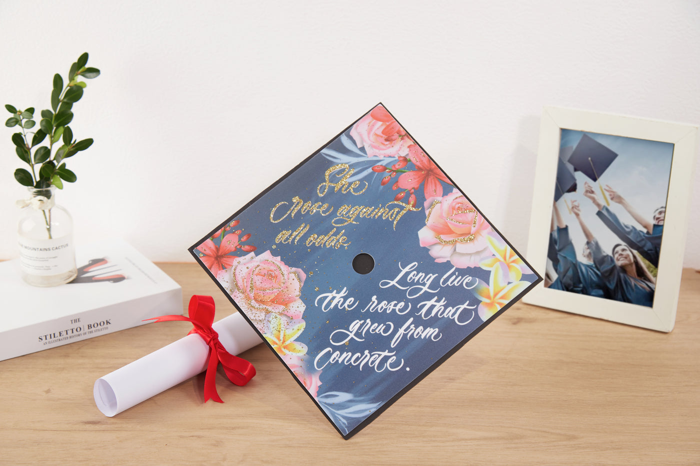 Graduation cap topper art print, She goes against all odds long live the rose that grew from concrete