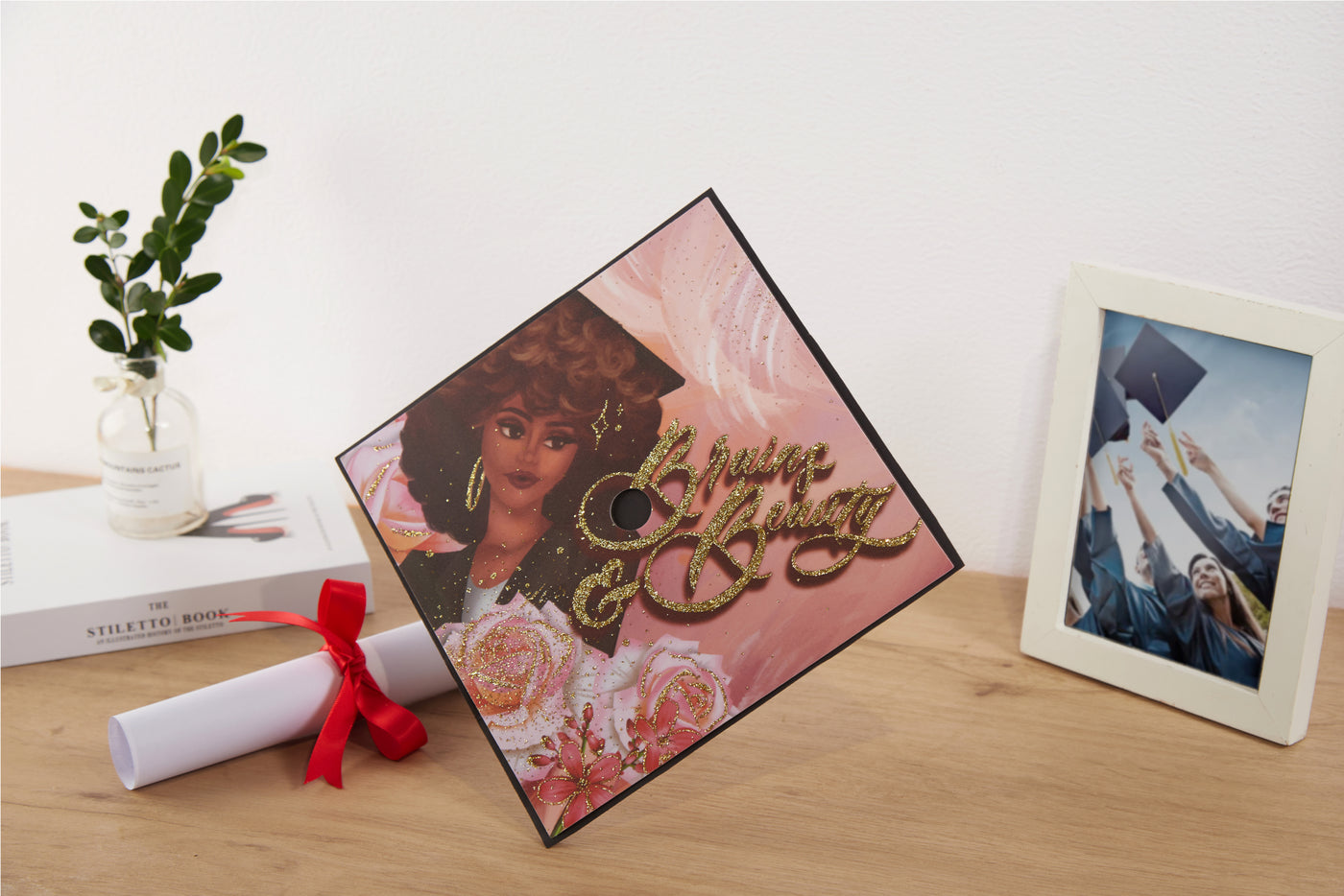 Graduation cap topper art print, Brains and beauty