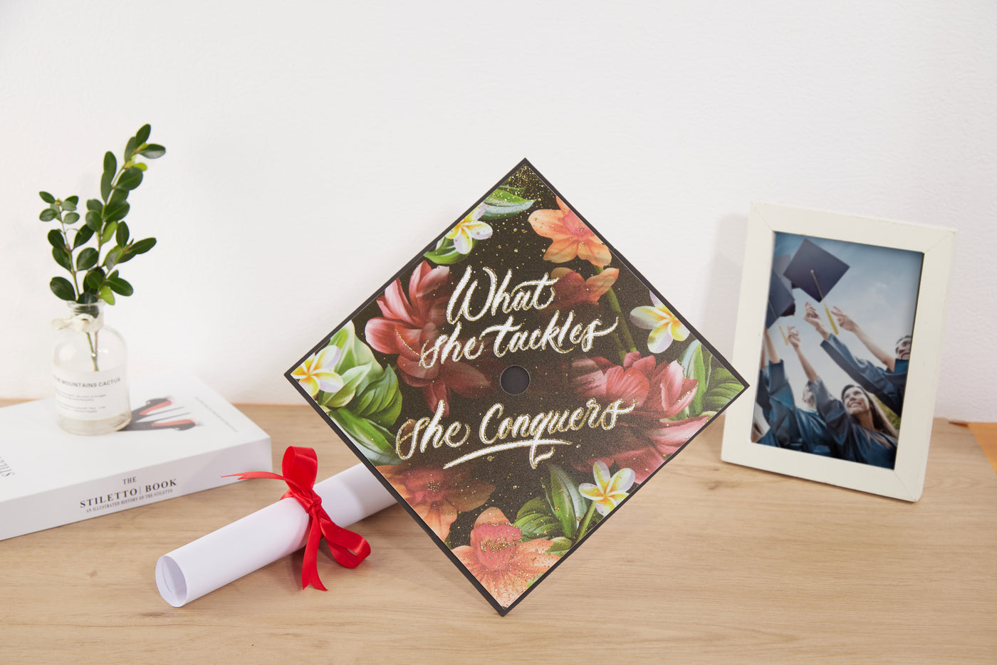 Graduation cap topper art print, What she tackles she conquers