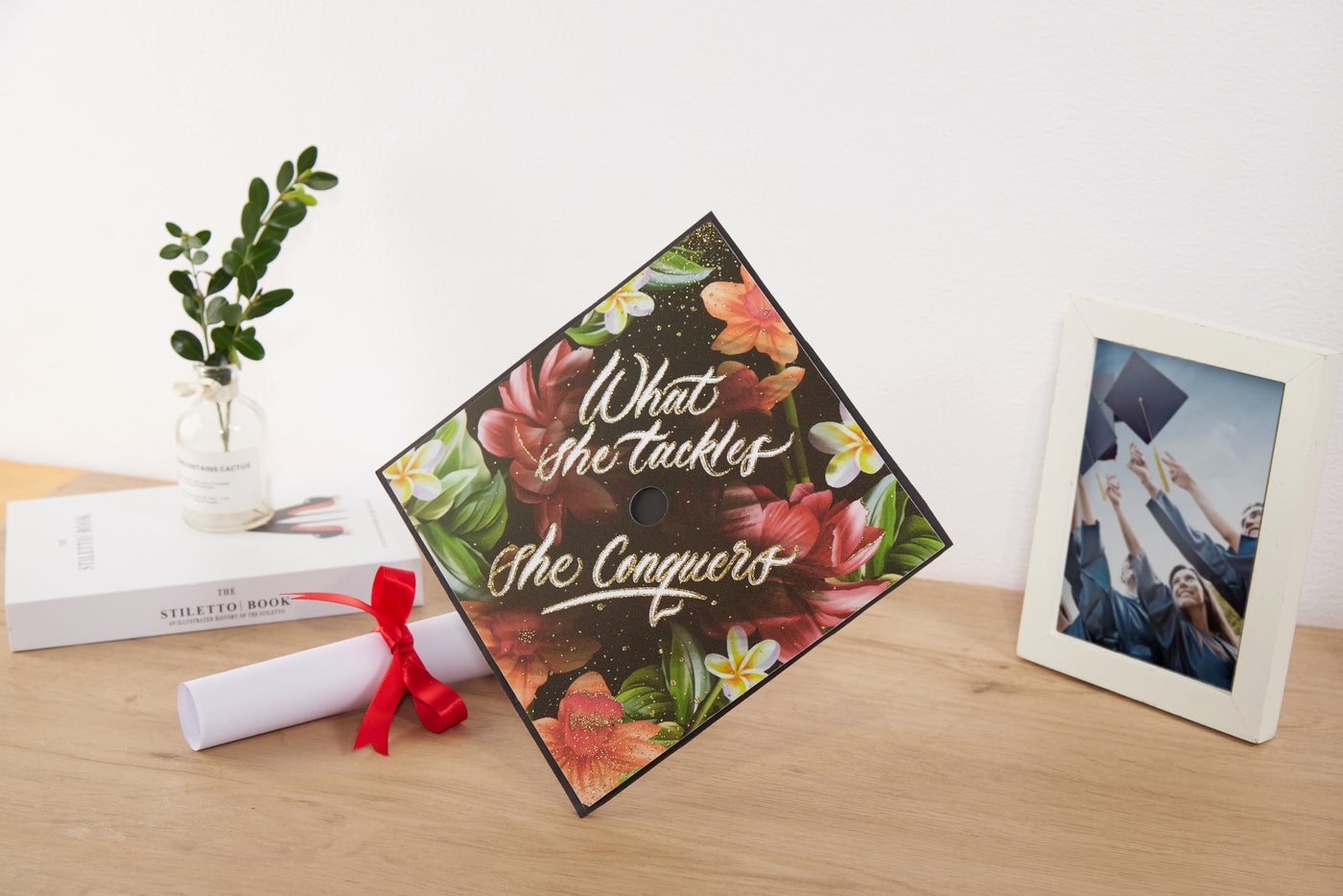 Graduation cap topper art print, What she tackles she conquers