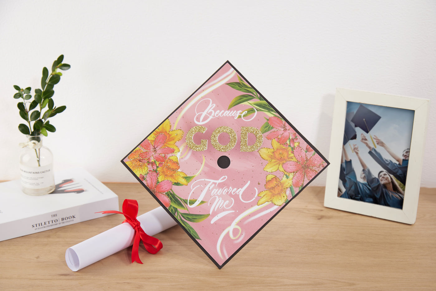 Graduation cap topper art print, Because god favored me