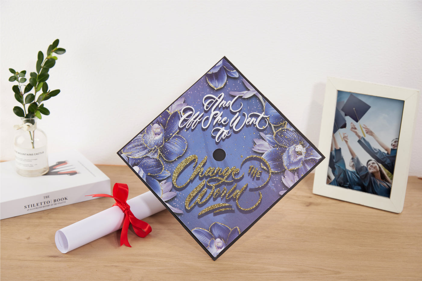 Graduation cap topper art print, And off she went to change the world